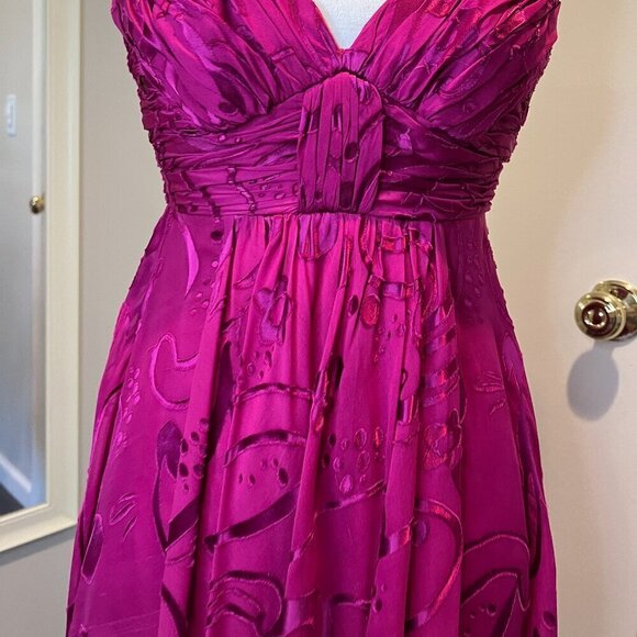 Anne Klein Fuschia Floral Silk Midi Dress w gold straps, Size 2 - Picture 2 of 16